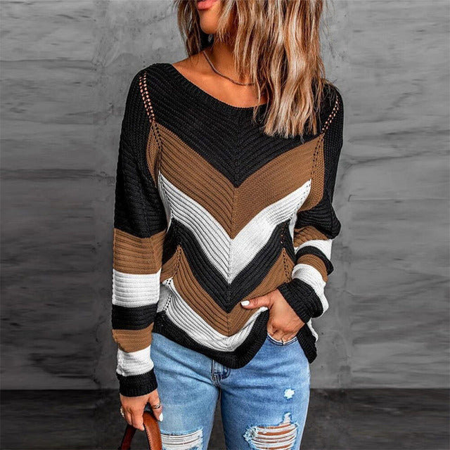 Street-Wave Patchwork Knit Pullover For Women, Soft Cotton-Poly Blend, Modern Striped Design