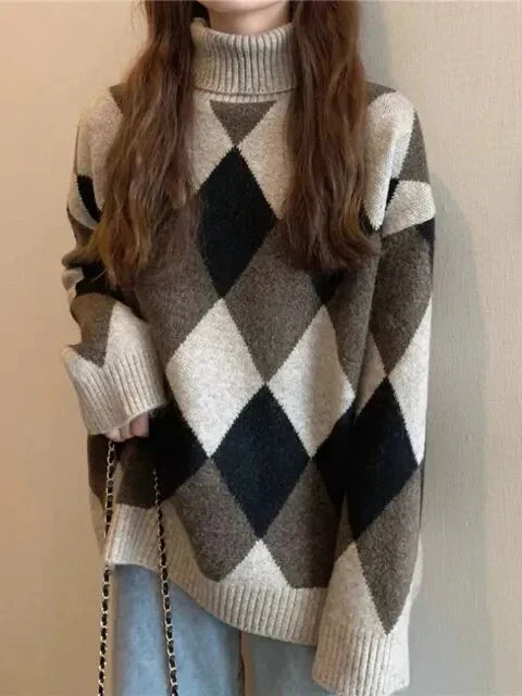 Checkered Knit Sweater With High Collar By Eunice Cozy Winter Warmth For Women Versatile Chic