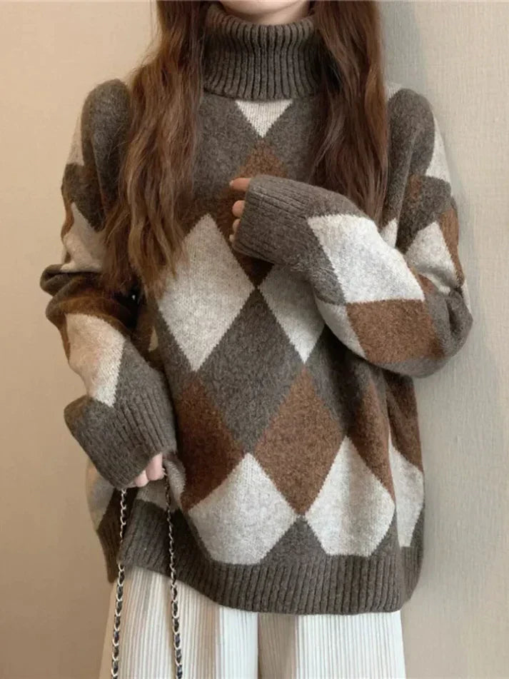 Checkered Knit Sweater With High Collar By Eunice Cozy Winter Warmth For Women Versatile Chic