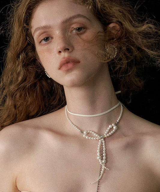 Collier à double pendentif en alliage blanc avec nœud en perles et pompon - Street-Wave