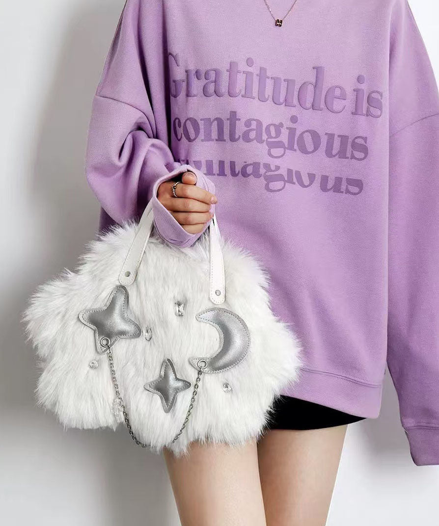 Sac à main fourre-tout tendance en fourrure blanche duveteuse avec chaîne - Street-Wave