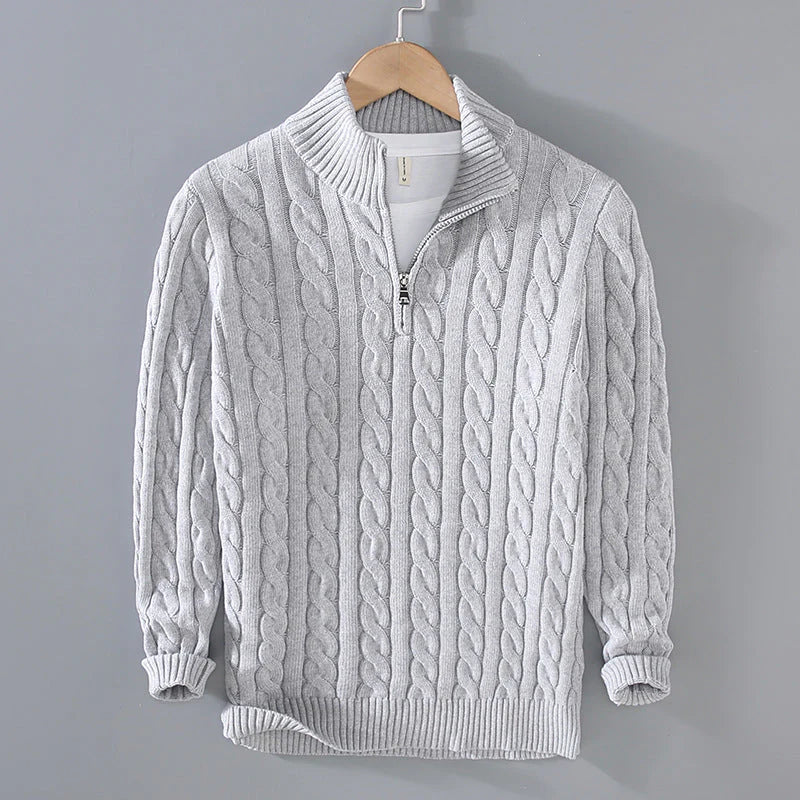 Street-Wave Cable Knit Half Zip Cotton Sweater for Men Warm Classic Comfort Timeless