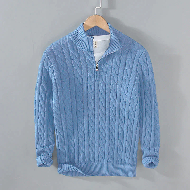 Street-Wave Cable Knit Half Zip Cotton Sweater for Men Warm Classic Comfort Timeless