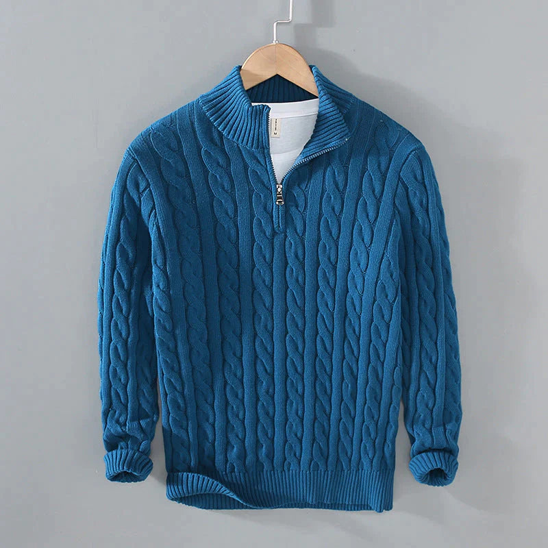 Street-Wave Cable Knit Half Zip Cotton Sweater for Men Warm Classic Comfort Timeless