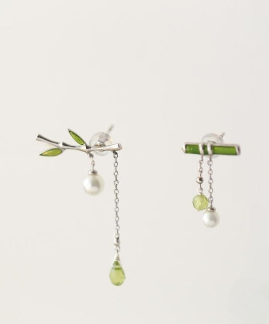 Boucles d'oreilles pendantes en argent sterling vert fin incrustées de feuilles de bambou et de perles en forme de goutte d'eau - Street-Wave