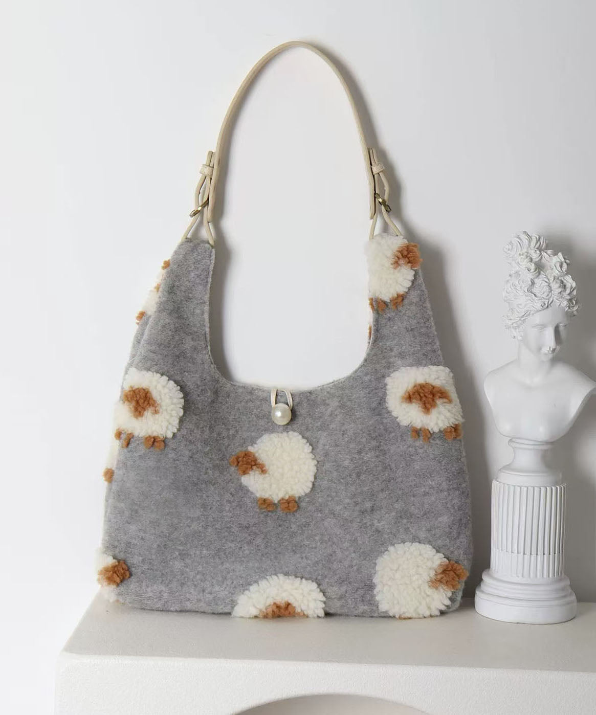 Sacs à bandoulière en fourrure de mouton jacquard gris fin et duveteux - Street-Wave
