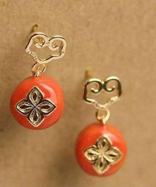 Boucles d'oreilles pendantes en argent sterling orange avec surdorure et motif kaki Ruyi - Street-Wave