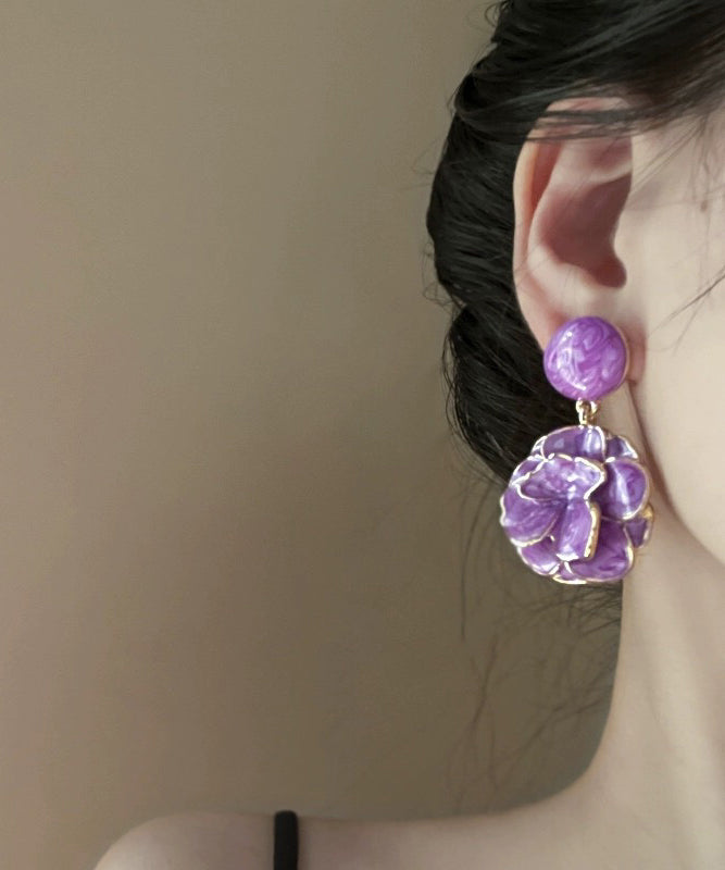 Boucles d'oreilles à tige en alliage d'argent sterling violet fin avec pendentif floral émaillé - Street-Wave