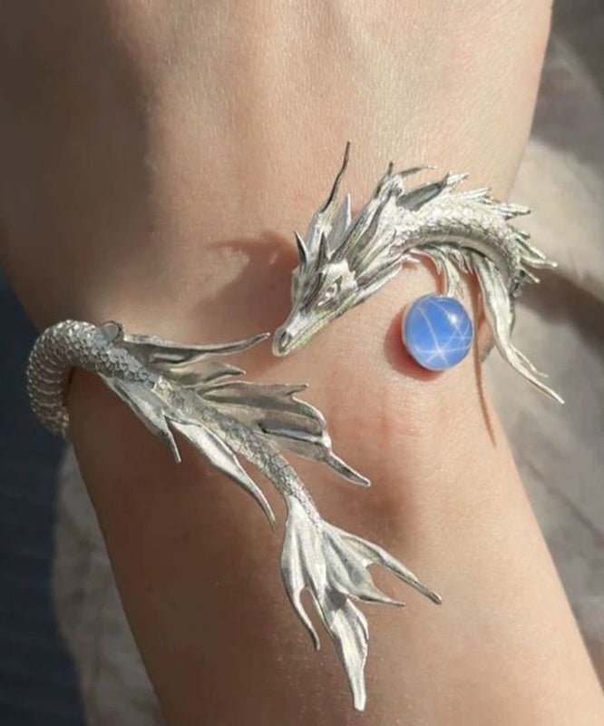 Manchette en argent sterling et soie fine avec pierres précieuses en forme de dragon - Street-Wave