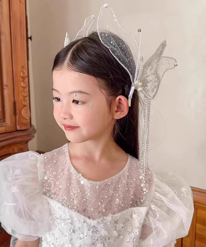 Épingle à cheveux pour enfants en alliage blanc fin avec papillon, tulle et perles - Street-Wave
