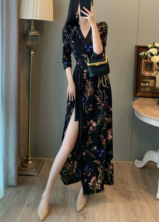 Robe longue noire ajustée à imprimé tunique et ouverture latérale pour l'été - Street-Wave