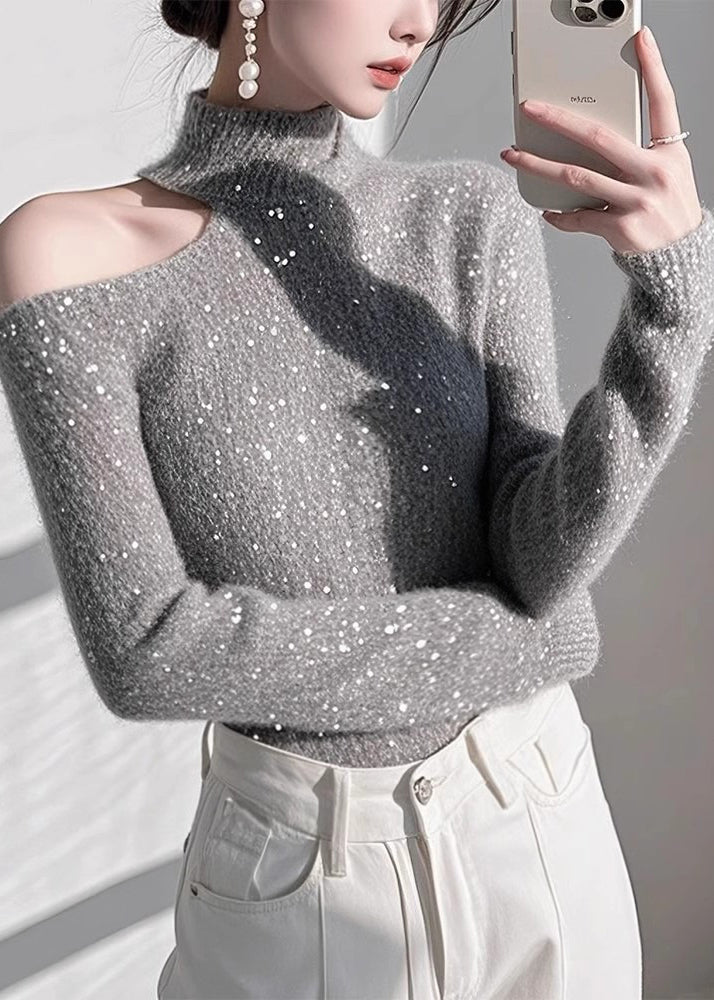 Pulls en tricot gris ajustés à épaules dénudées et paillettes, printemps - Street-Wave
