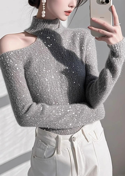 Pulls en tricot gris ajustés à épaules dénudées et paillettes, printemps - Street-Wave