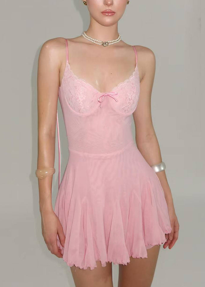 Mini-robes d'été en tulle rose, ajustées, dos nu, à lacets et patchwork - Street-Wave