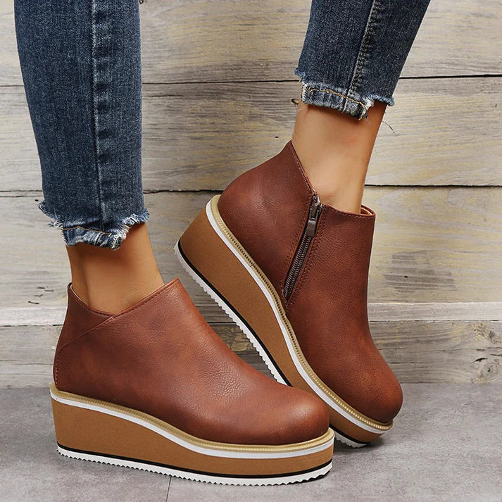 Valesca Leather Platform Ankle Boots For Women By Street Wave, Elegant Wedge Heel, All Day Comfort