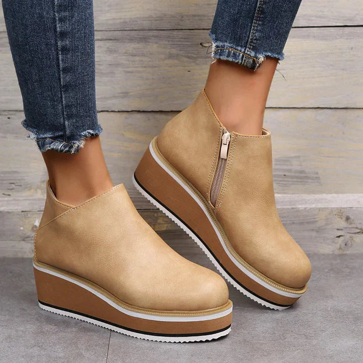 Valesca Leather Platform Ankle Boots For Women By Street Wave, Elegant Wedge Heel, All Day Comfort