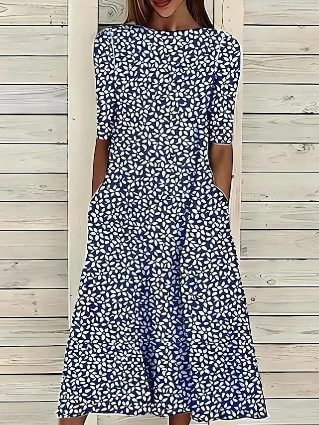 Street-Wave Floral A-Line Midi Dress Women Effortless Chic