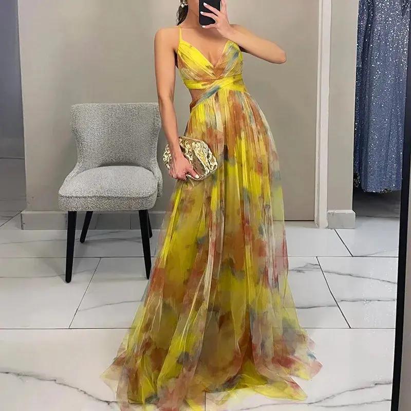 Street-Wave Floral Maxi Dress For Women Wedding Guest Watercolor Print Chiffon