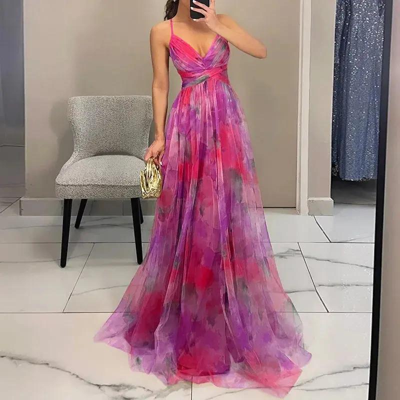 Street-Wave Floral Maxi Dress For Women Wedding Guest Watercolor Print Chiffon