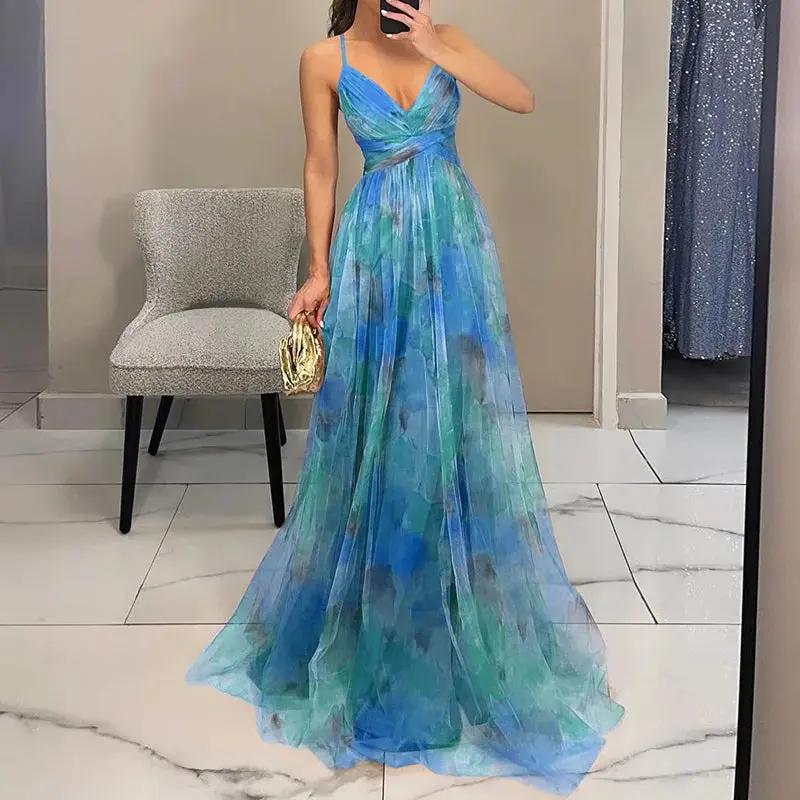Street-Wave Floral Maxi Dress For Women Wedding Guest Watercolor Print Chiffon