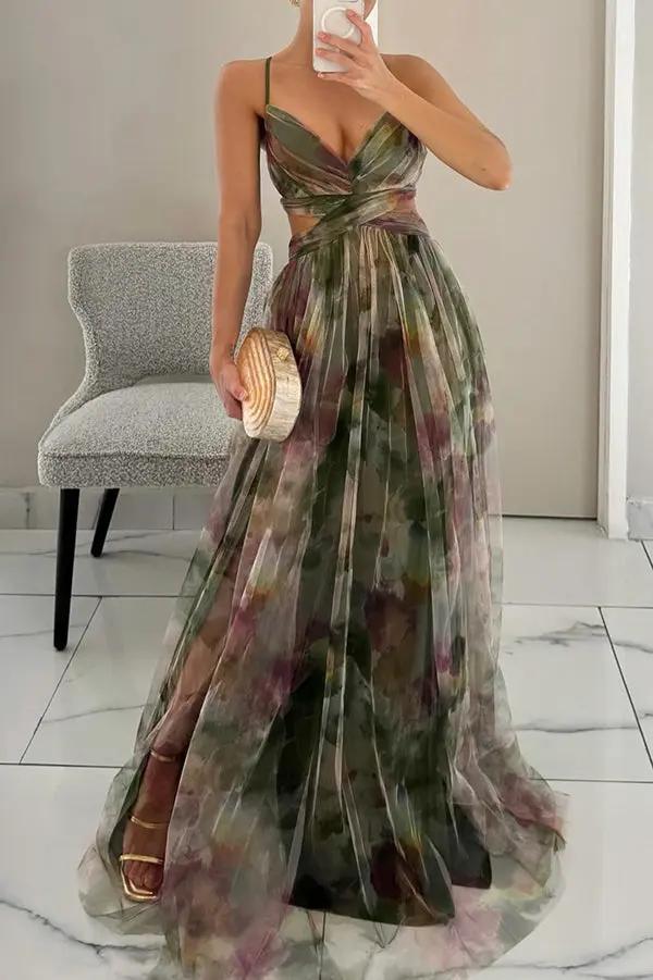 Street-Wave Floral Maxi Dress For Women Wedding Guest Watercolor Print Chiffon