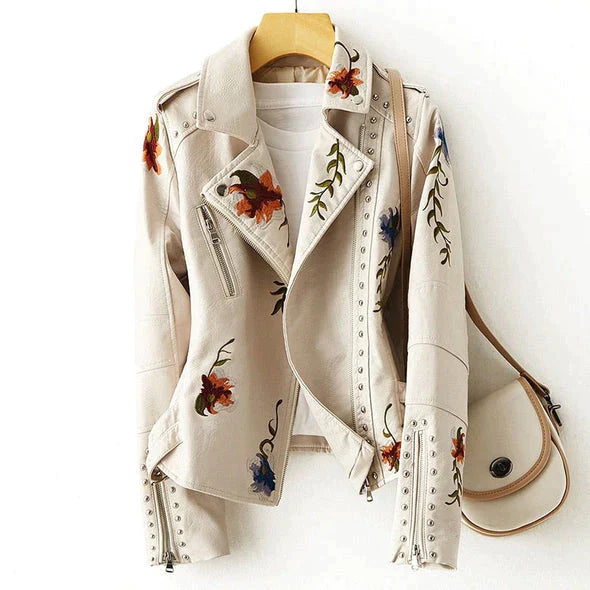 Street Wave Embroidered Leather Jacket For Women Floral Embroidery Elegant Statement Piece
