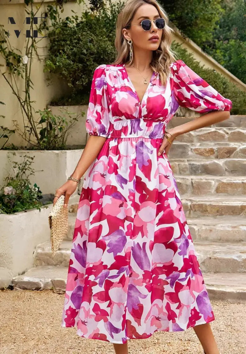 Street Wave Floral Midi Dress For Women Airy Comfort Puff Sleeves