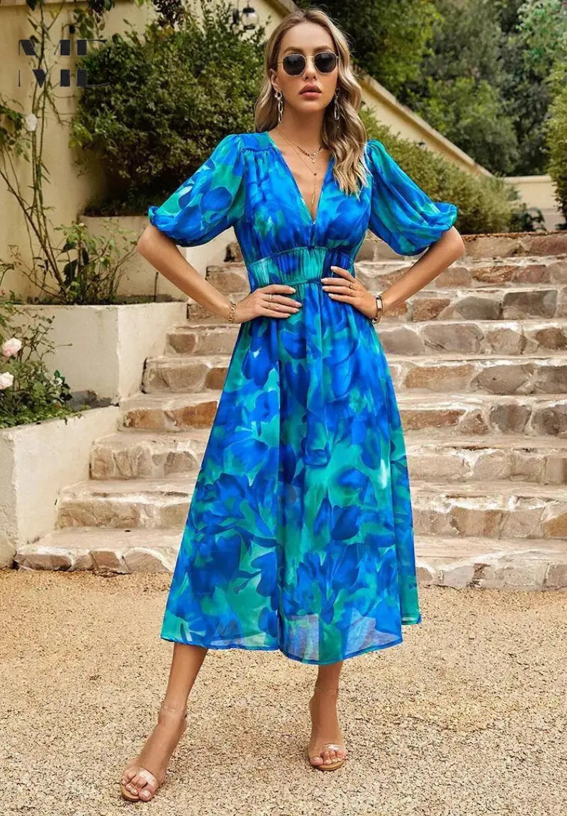 Street Wave Floral Midi Dress For Women Airy Comfort Puff Sleeves