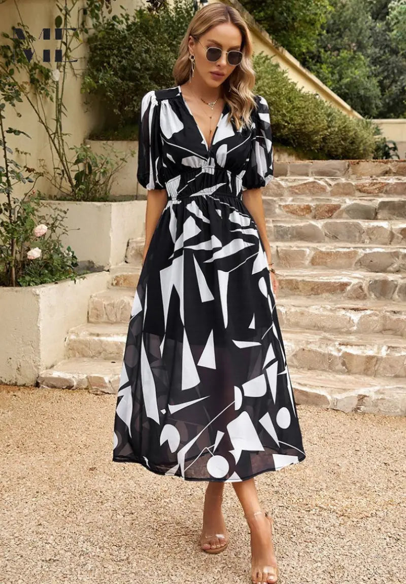 Street Wave Floral Midi Dress For Women Airy Comfort Puff Sleeves