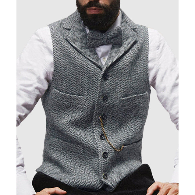 Nordisk Flair Mens Vest Tailored Fit Wool Herringbone Formal Button Front Waist Length