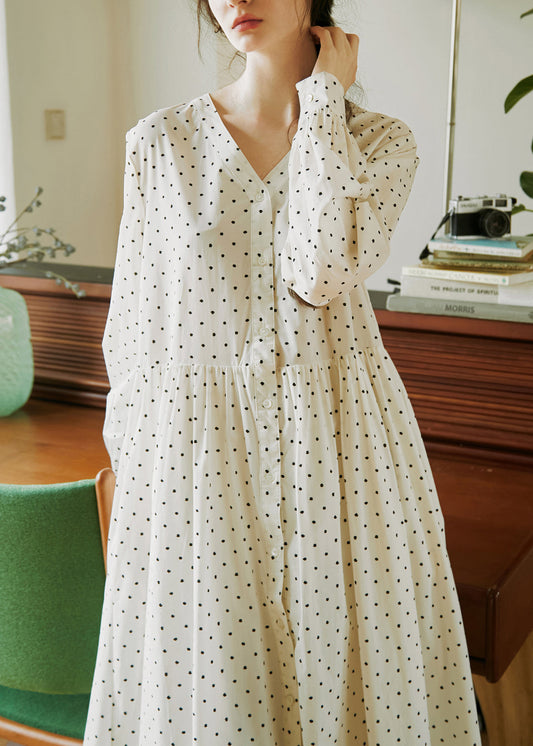 Robe en coton beige à col en V et boutons imprimés à pois pour l'automne - Street-Wave