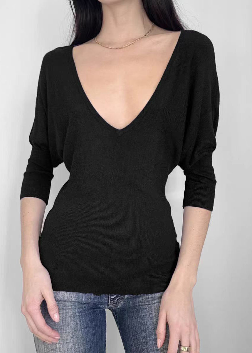 Chemise en tricot noire française à col en V et manches chauve-souris - Street-Wave