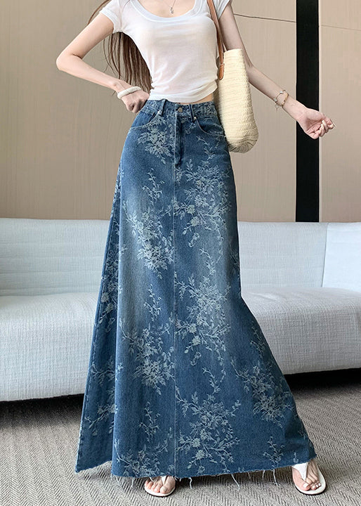 Jupes en jean bleu français taille haute avec poches brodées pour l'automne - Street-Wave