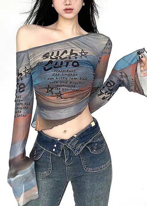 T-shirt français en tulle imprimé à épaules dénudées et manches évasées - Street-Wave