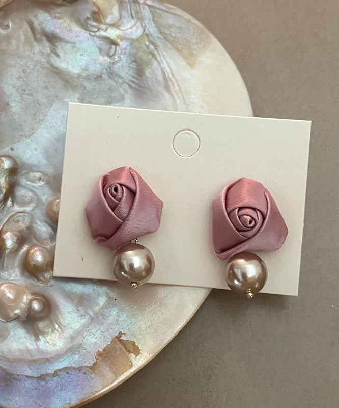 Boucles d'oreilles pendantes en soie rose française et perles roses - Street-Wave