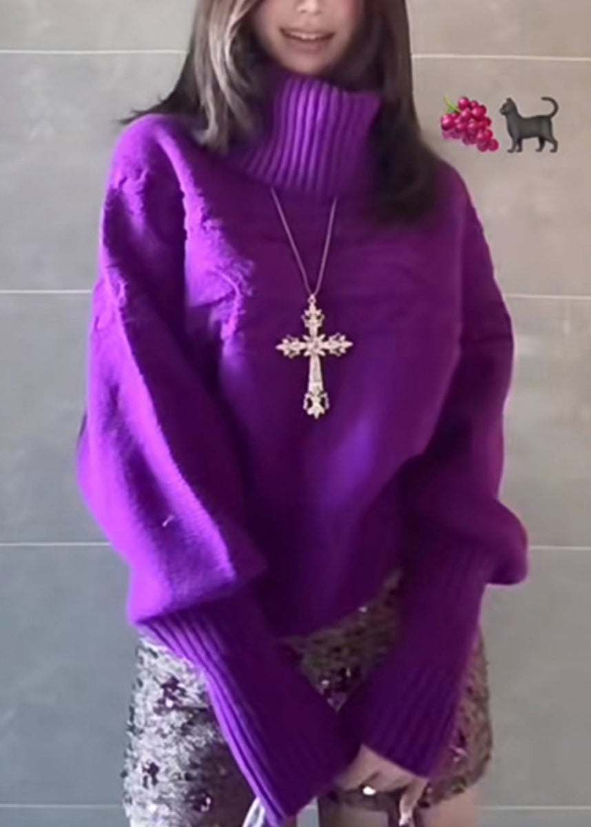 Pulls en maille épaisse violets à col montant pour le printemps - Street-Wave