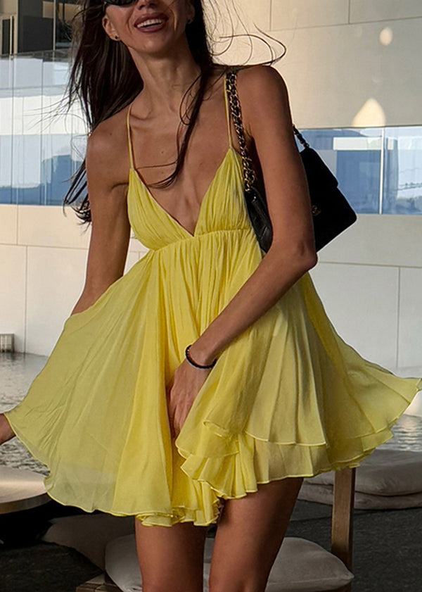 Robe jaune française dos nu à bretelles spaghetti pour l'été - Street-Wave