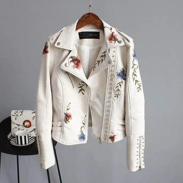 Streetwave Leather Jacket With Floral Embroidery For Women Elegant Durable Comfort Studded Details