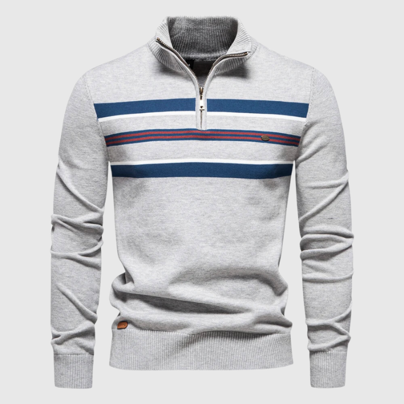 Street-wave Mens Zip Knitted Pullover Striped Design Versatile Modern Sweater For Everyday Wear