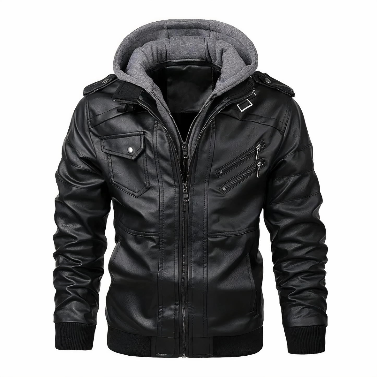Street-Wave Mens Hooded Faux Leather Motorcycle Jacket For Winter Riding All-Season Comfort