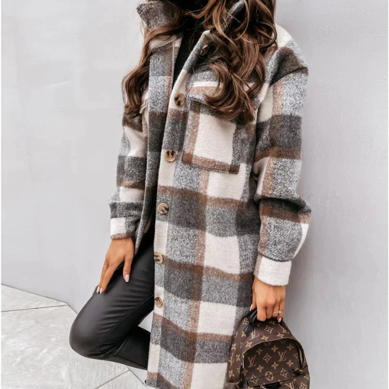 Street-wave Plaid Wool Coat For Women Cozy Transitional Outerwear With Button Front And Pockets