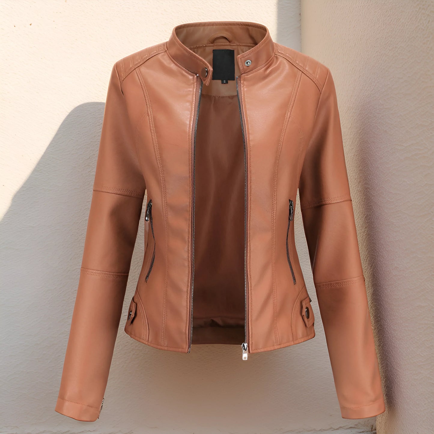 Grissel Beige Women's Leather Jacket Premium Versatile City Style With Zipper Pockets For Modern Women