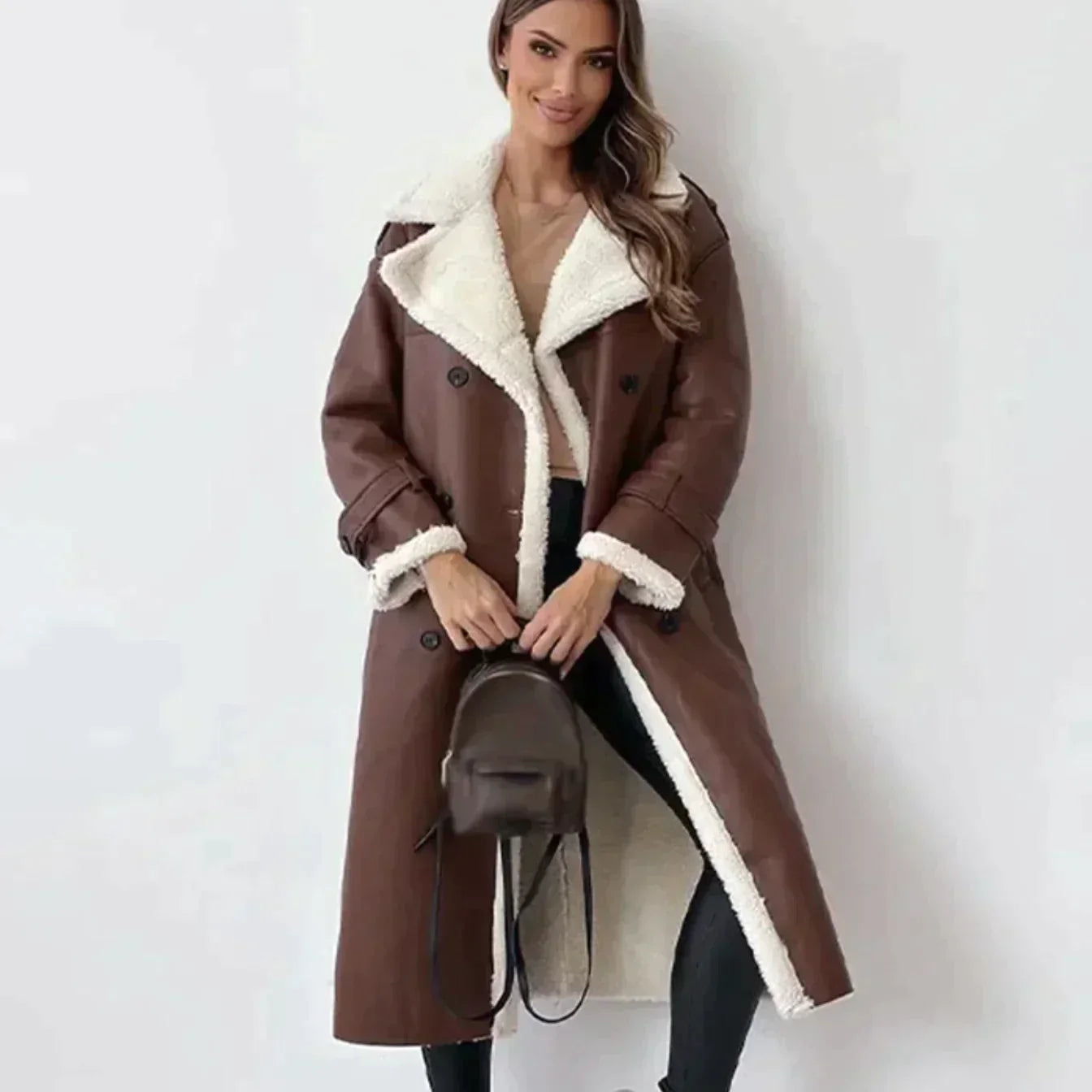 Street Wave Leather Belted Coat With Shearling Trim For Women Chic Versatile All Season Outerwear
