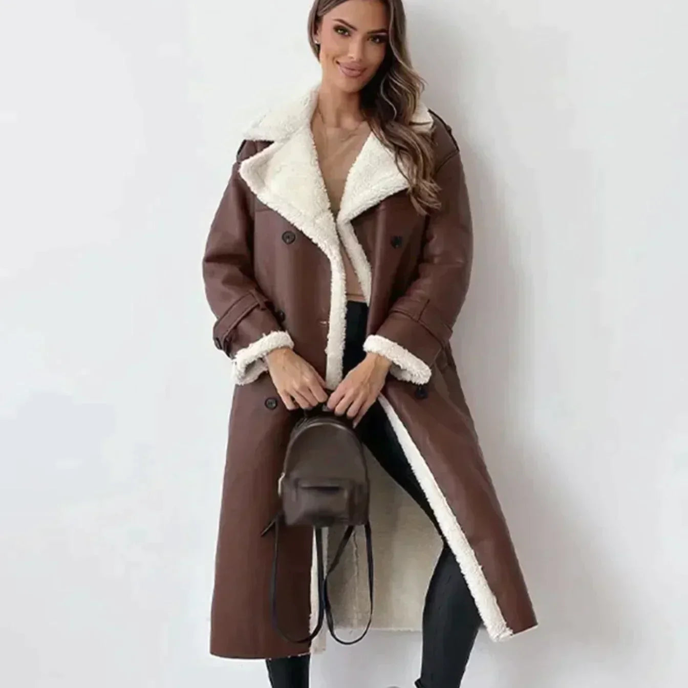 Street Wave Leather Jacket With Shearling Lining Belted For Women Cozy Versatile Outerwear