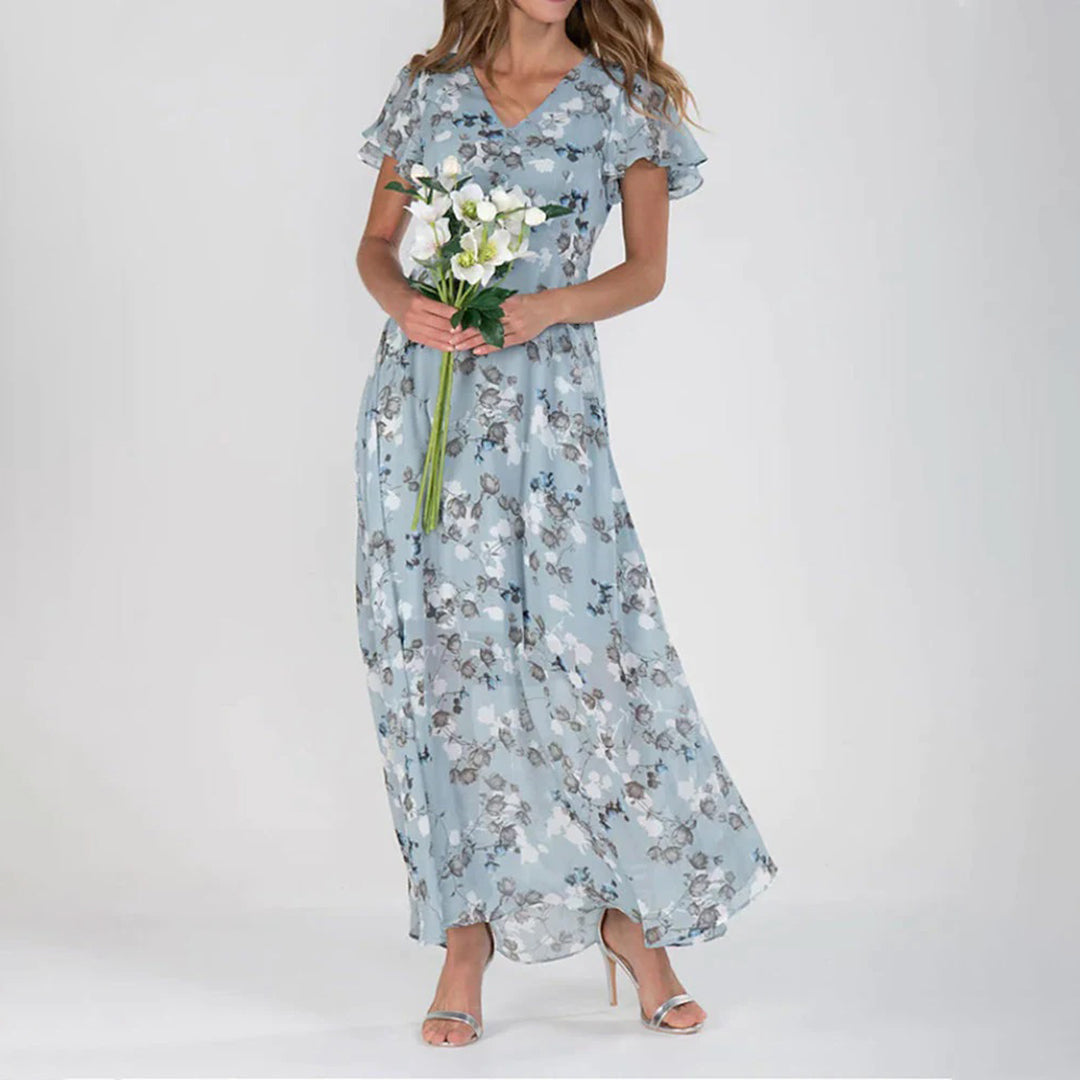 Floral Maxi Dress For Women Street-Wave V-Neck Short Ruffle Sleeves Elegant