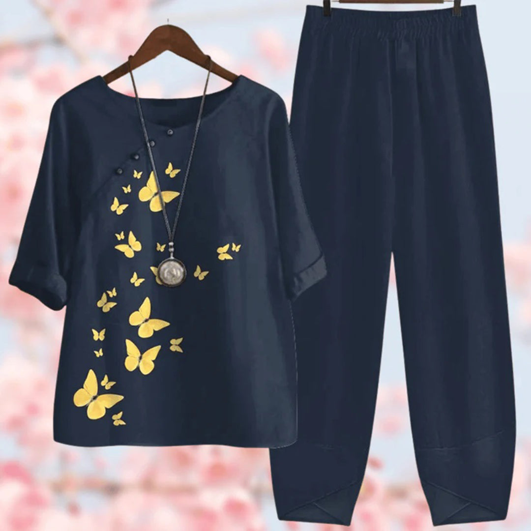 Nordic Flair Floral Set For Women With Elastic Waist Pants, Casual Comfort