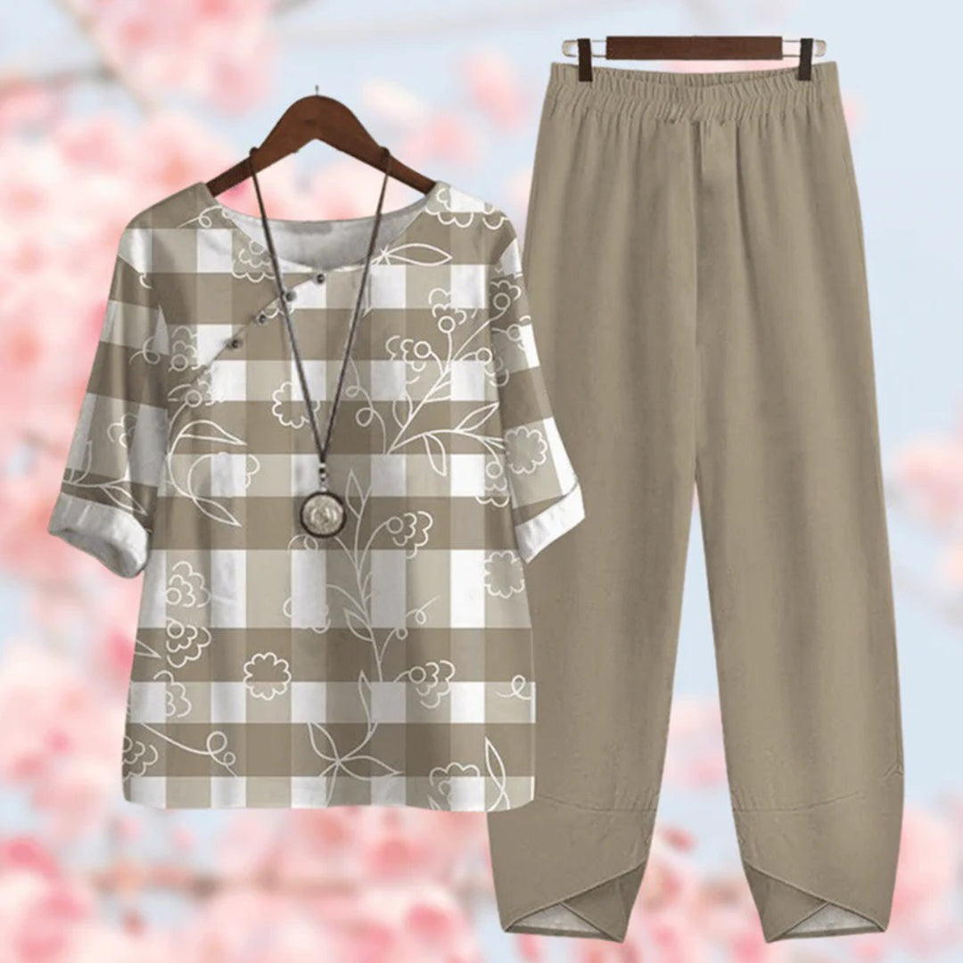Nordic Flair Floral Set For Women With Elastic Waist Pants, Casual Comfort