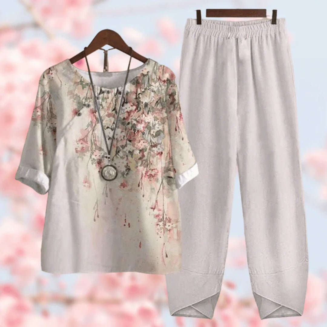 Nordic Flair Floral Set For Women With Elastic Waist Pants, Casual Comfort