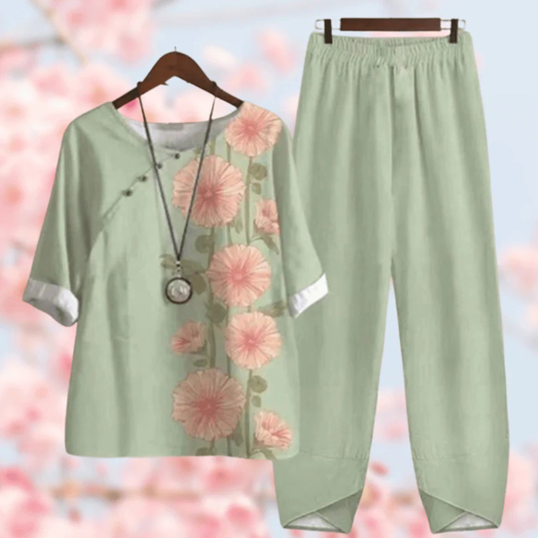 Nordic Flair Floral Set For Women With Elastic Waist Pants, Casual Comfort
