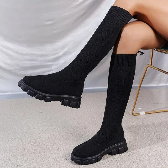 Street-wave Knee-High Knit Sock Boots With Stretch Comfort For Women Trendy Warm Winter Fashion